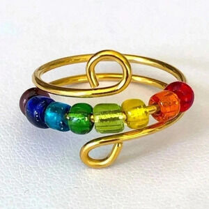 Gold Adjustable Handmade Rainbow Bead Fidget Ring